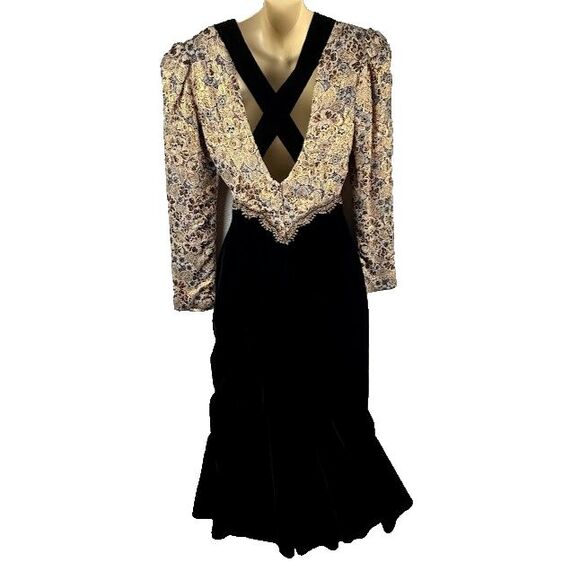 VTG Jessica McClintock Deep Brown Black Velvet Dress Mermaid Hem Romantic Gown - Picture 2 of 11